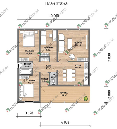 Одноэтажный дом «Уютный хуторок» 67 м2 с террасой